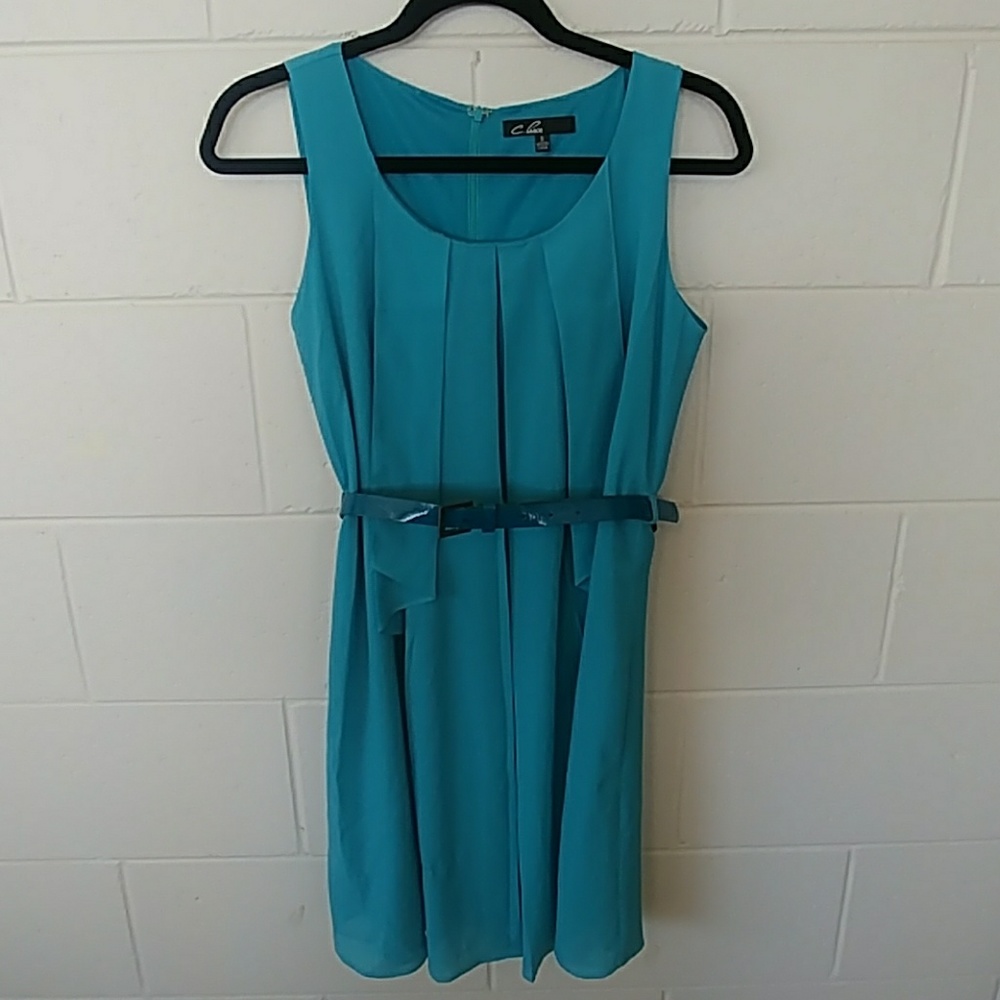 Turquoise belted shift dress by C. Luce