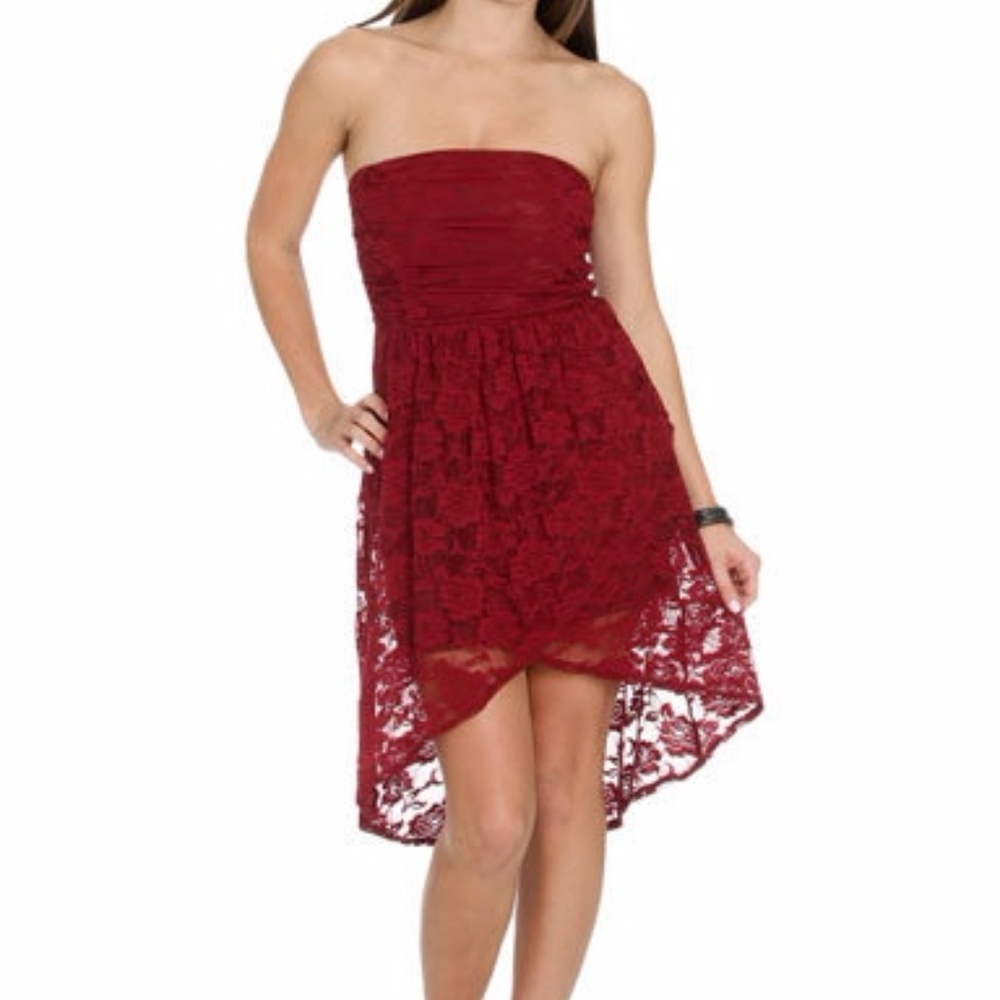 Maroon High Low Floral Lace Tube Dress