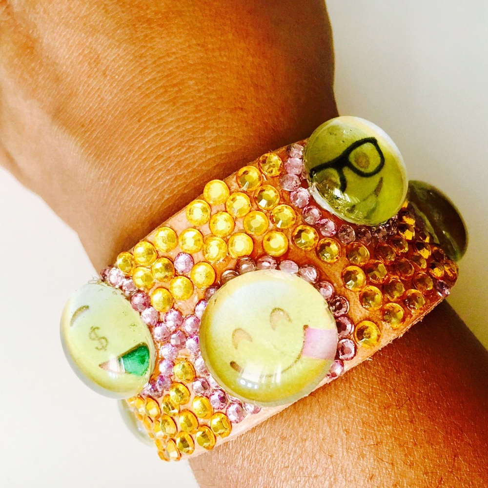 Leather Rhinestone Emoji Cuff Bracelet