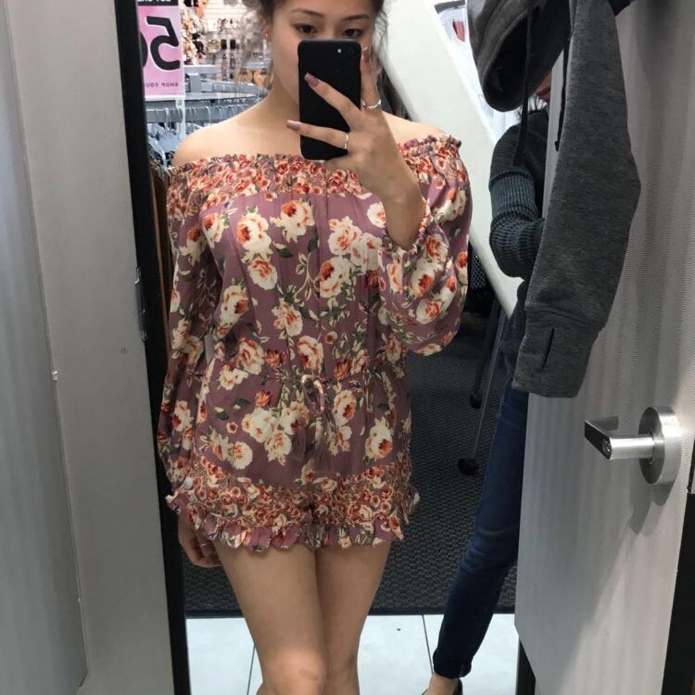 purple floral off the shoulder romper