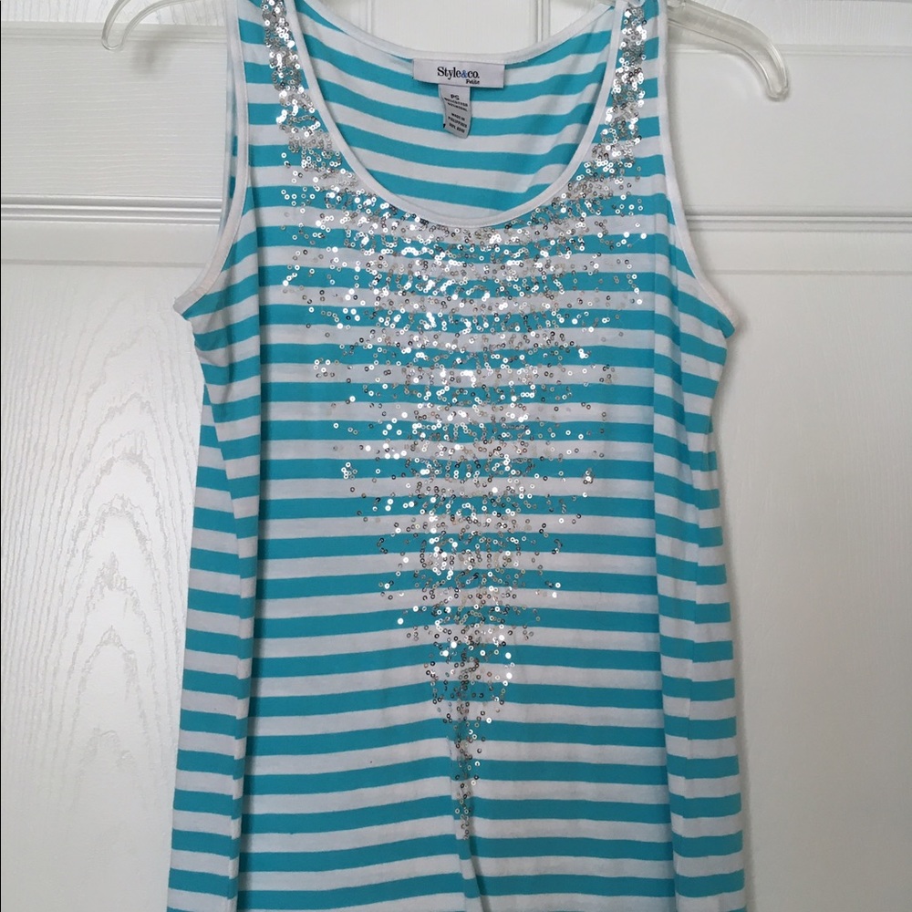 Style & Co. blue and white striped sequin tank