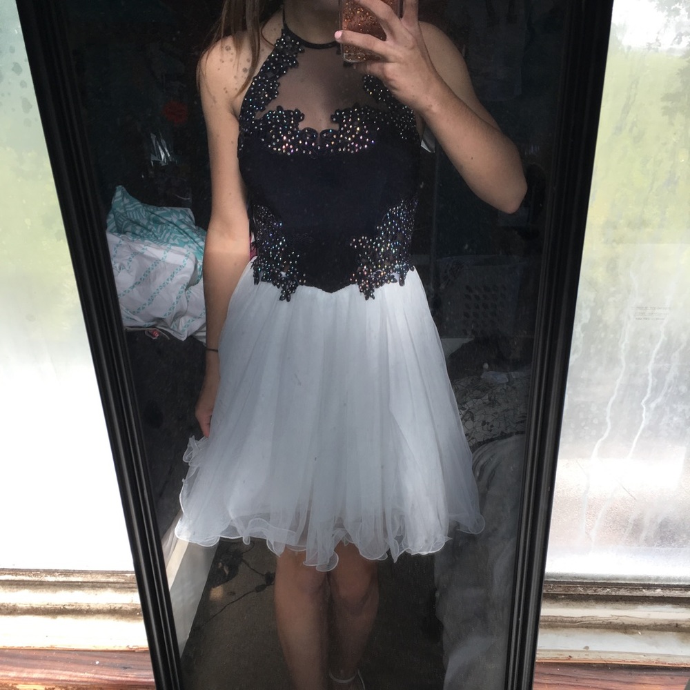 Halter Navy Blue and White Short Homecoming Dress