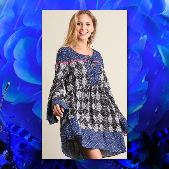 JUST IN🆕Boho Blue Bell Sleeve Tassel Neck Peasant - Picture 2 of 3