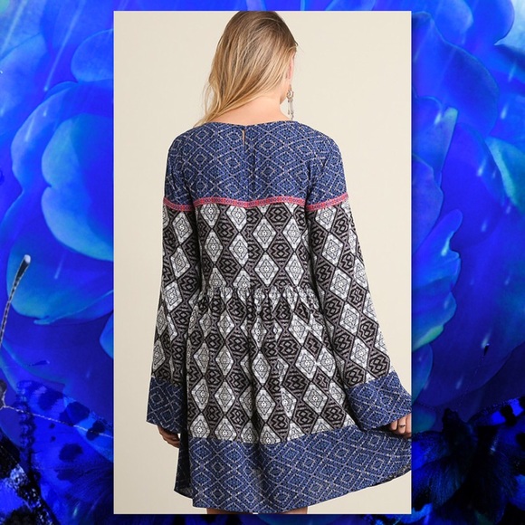 JUST IN🆕Boho Blue Bell Sleeve Tassel Neck Peasant - Picture 3 of 3