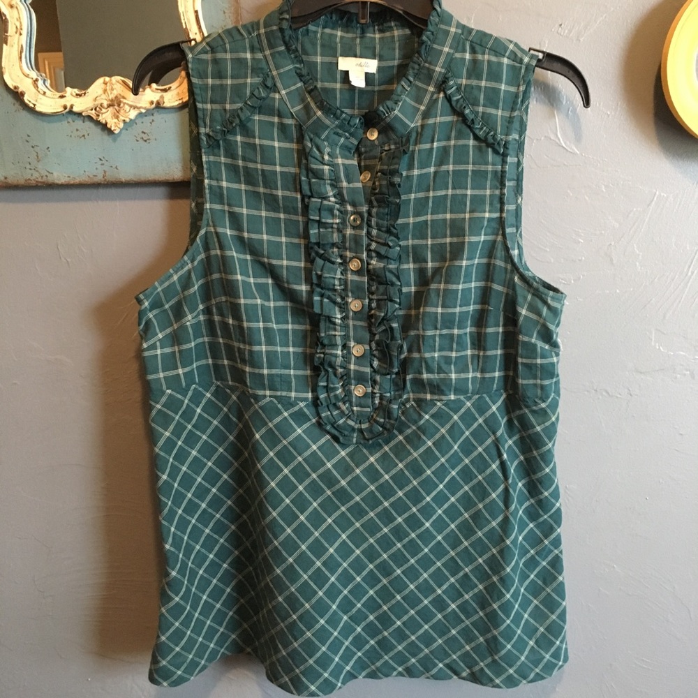 Anthropologie Teal Gingham Blouse, size 10