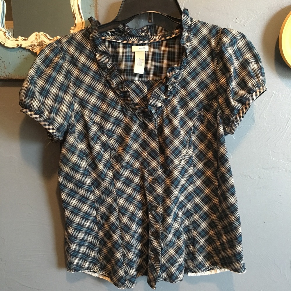 Anthropologie Blue & Cream Checked Blouse, size 12