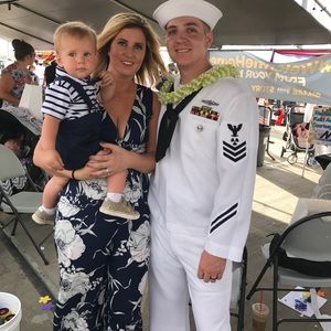 Navy and white jumpsuit