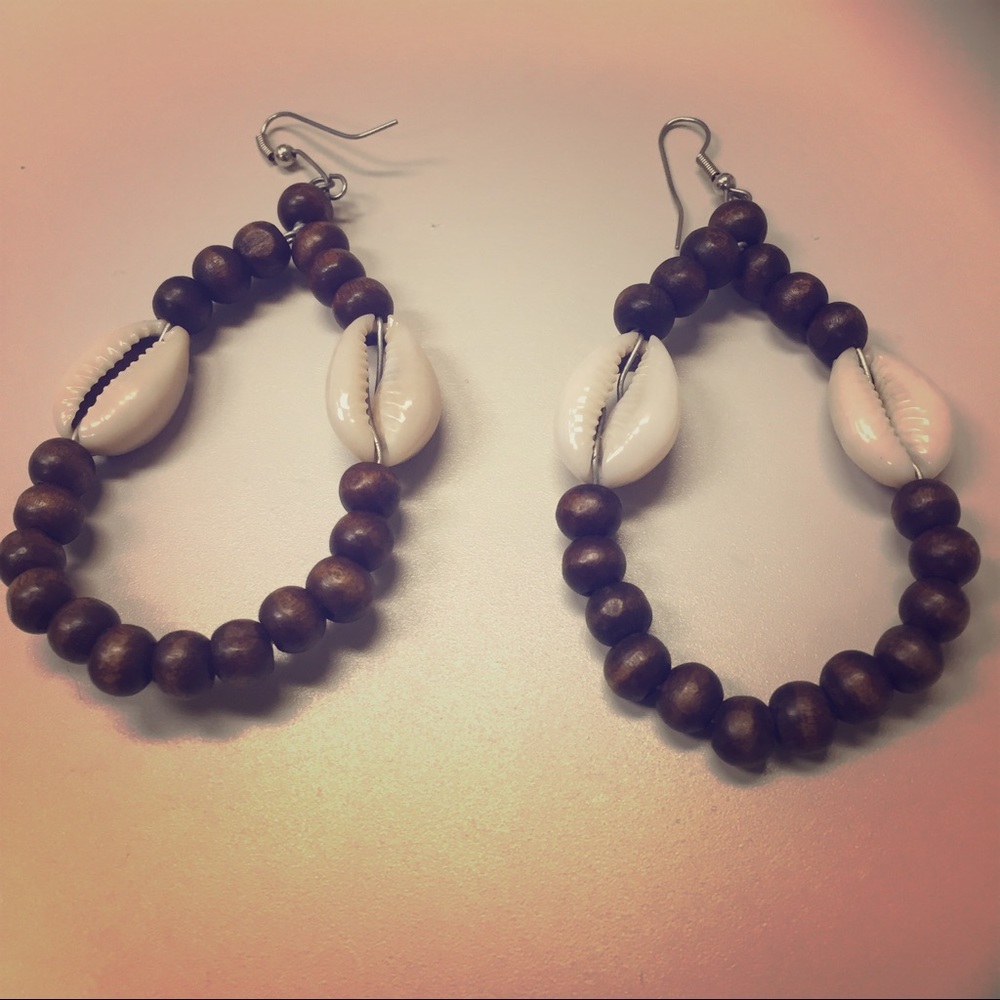 Wood and Cowrie Earrings