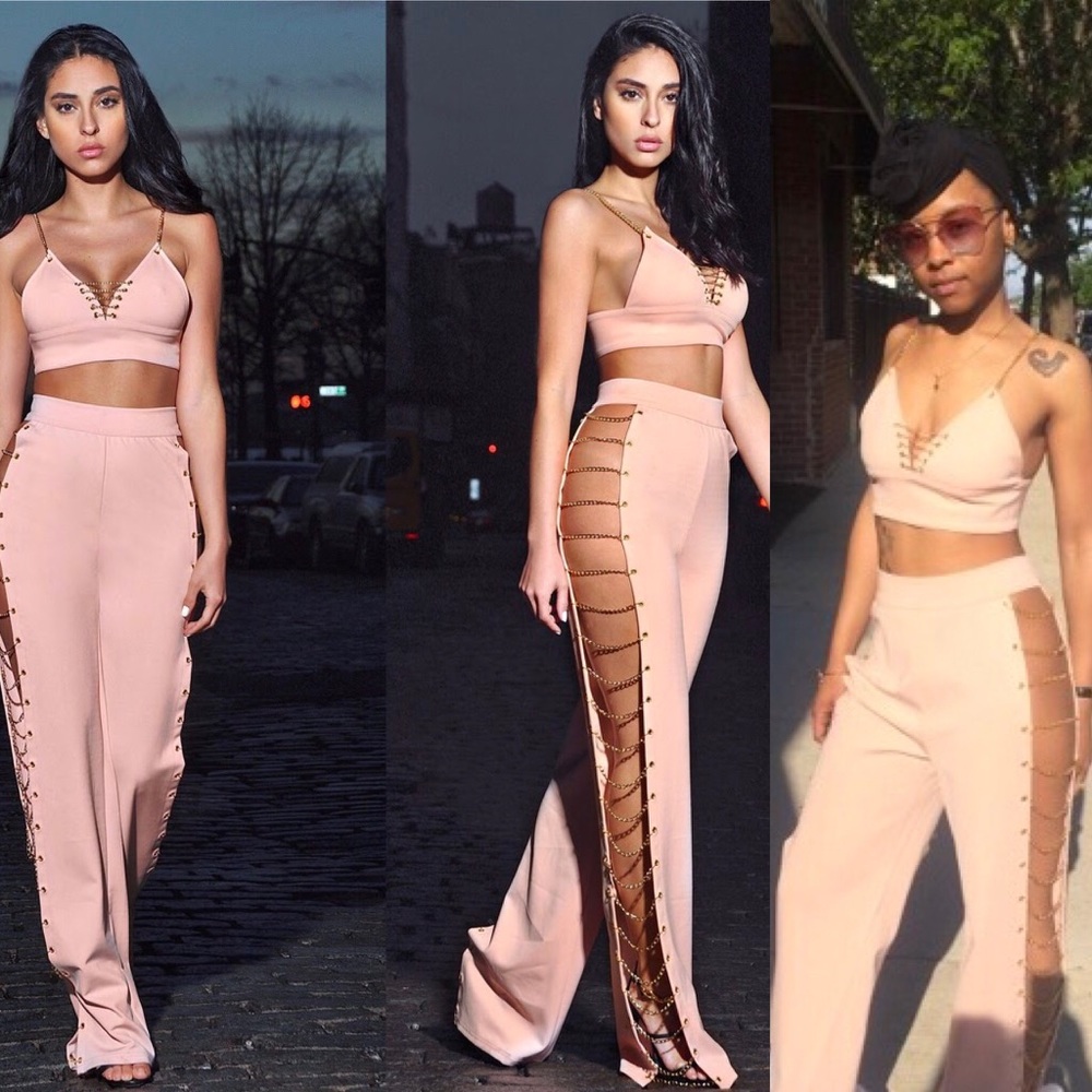 Pink stretch crepe pantsuit with chains.