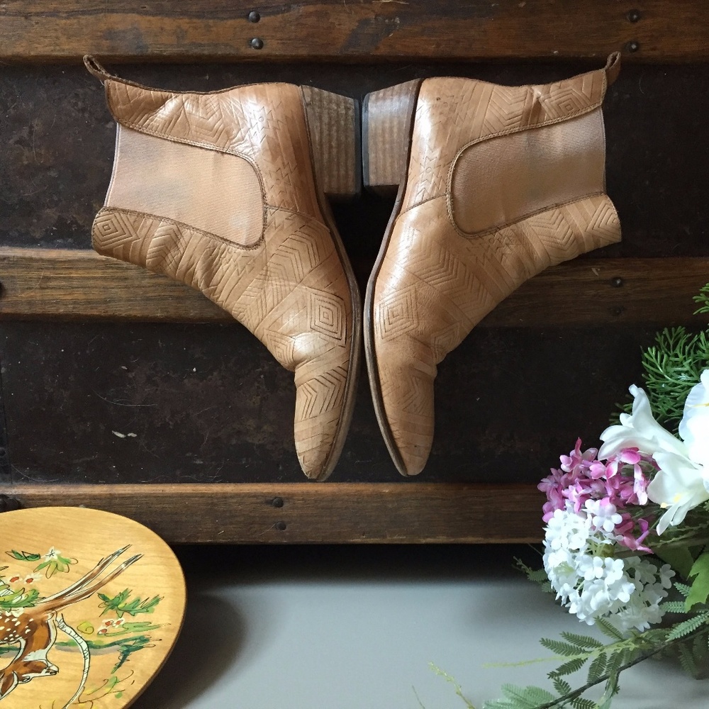 Anthropologie Tooled Leather Ankle Chelsea Booties