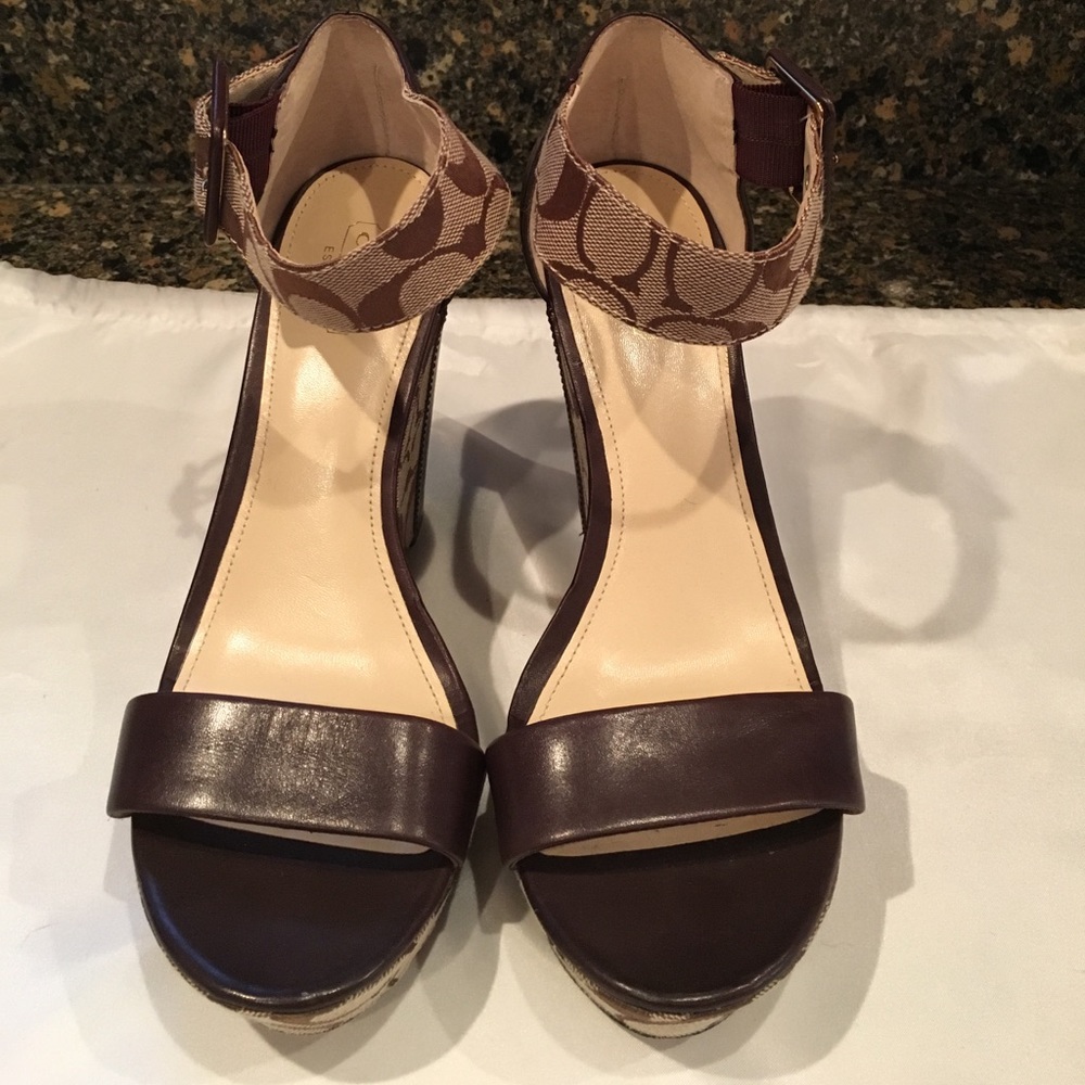 Coach brown/tan ankle strap wedge shoes