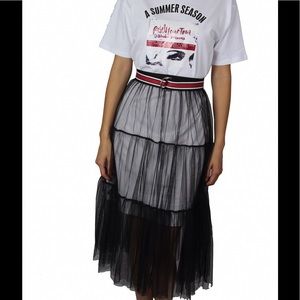 T shirt dress with mesh overlay midi skirt set