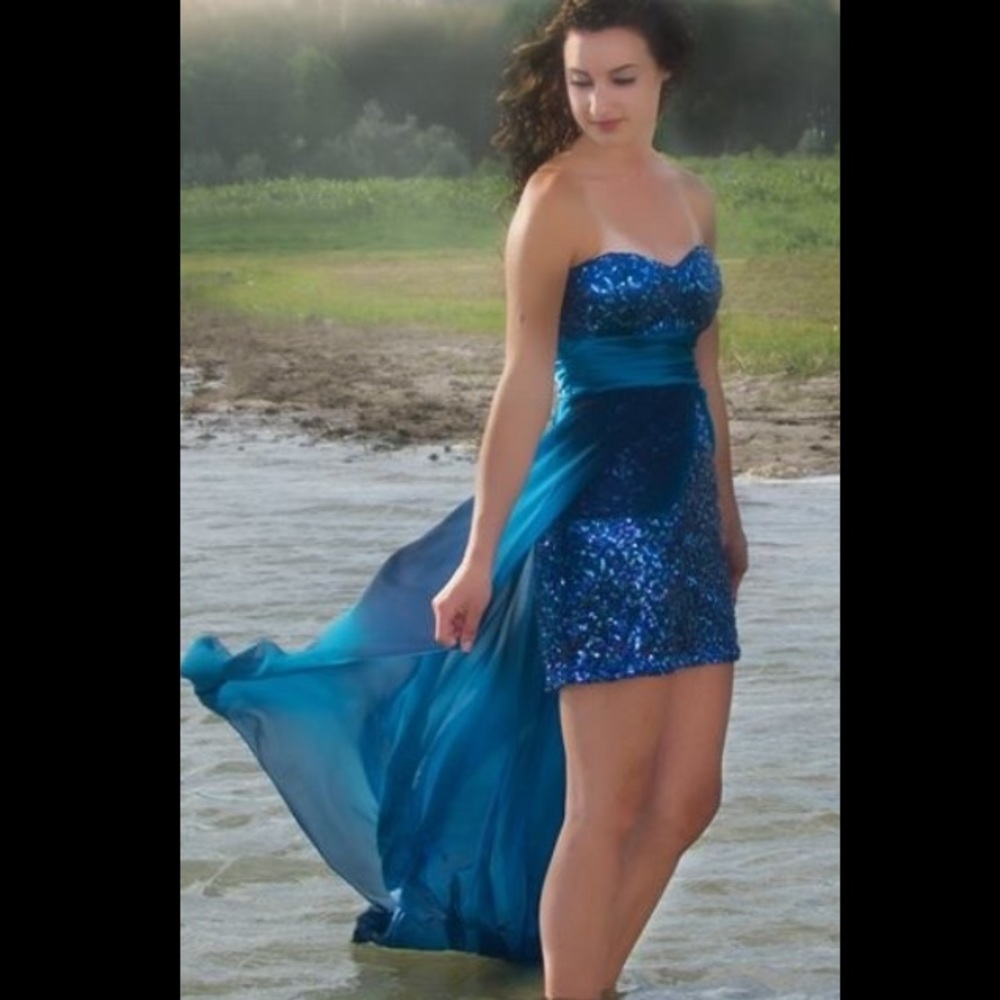 High low sequence strapless prom dress