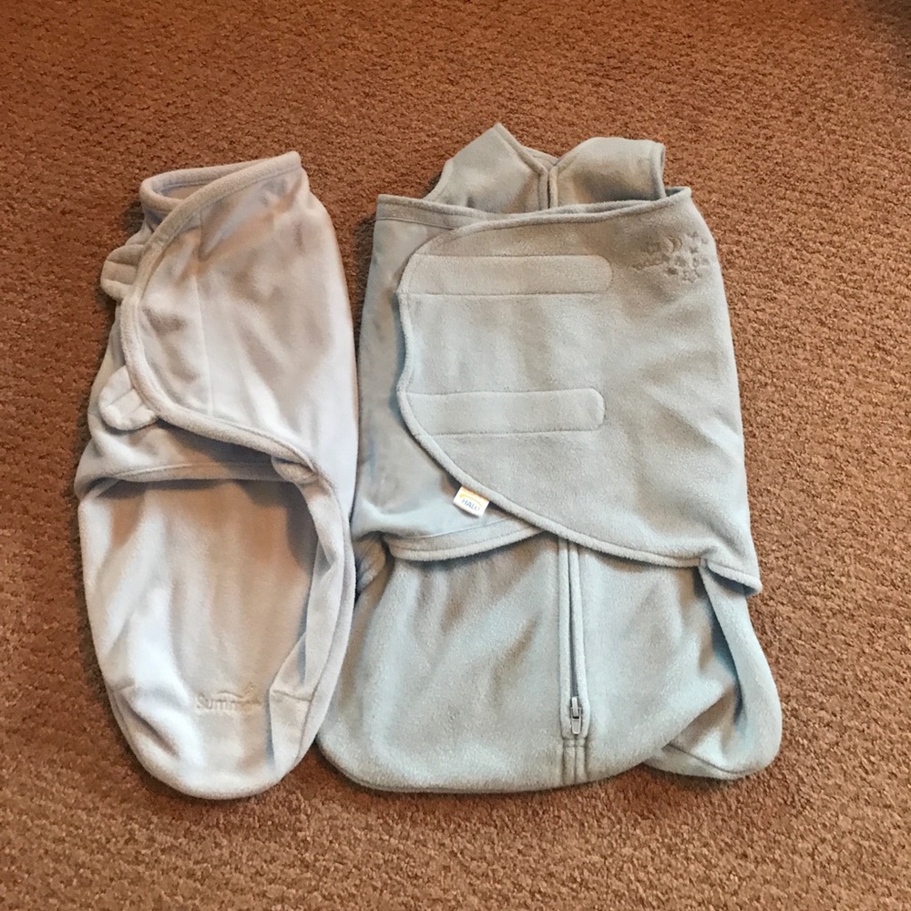 2 blue swaddles