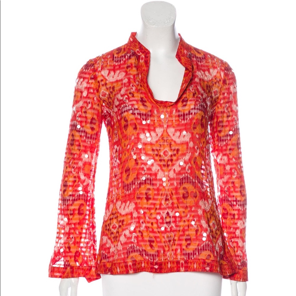 Tory Burch Silk Tunic sz 6 orange ikat sequins
