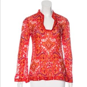 Tory Burch Silk Tunic sz 6 orange ikat sequins