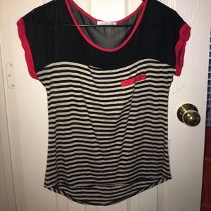 black, white, and red striped shirt