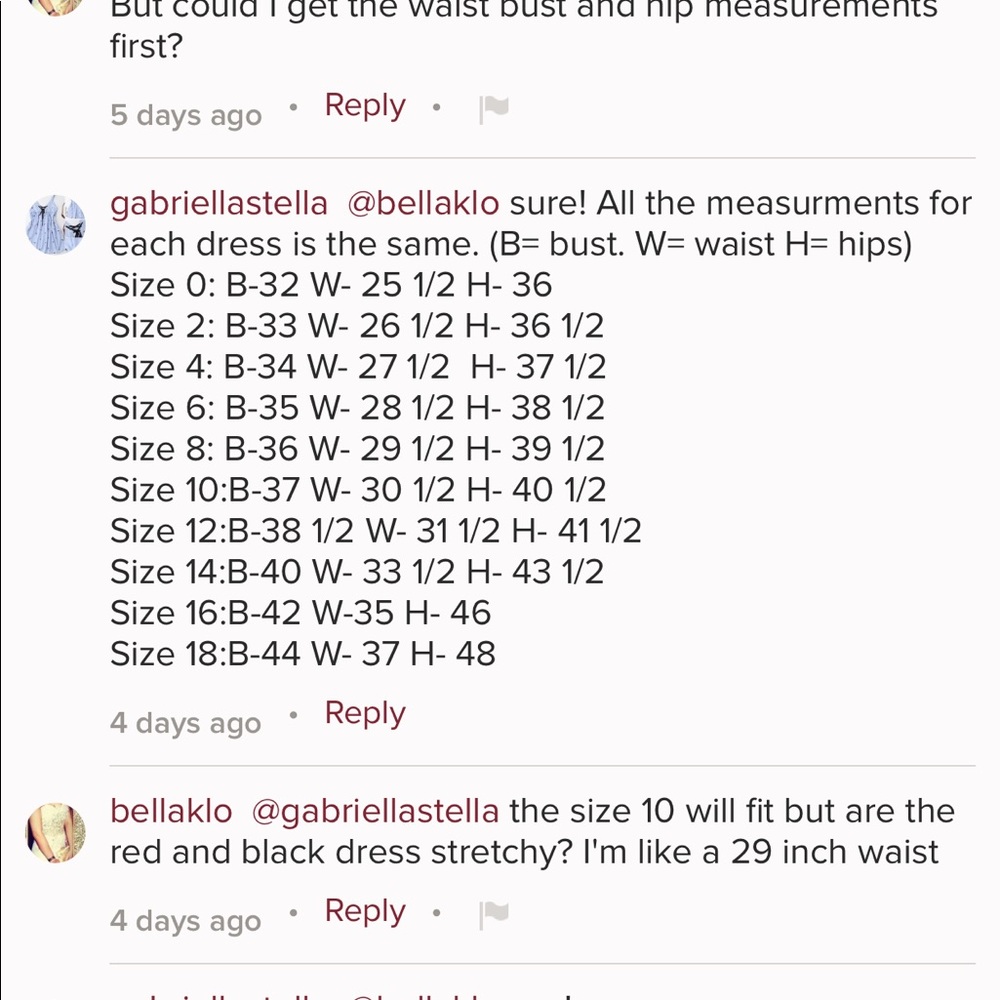 MEASURMENTS FOR ALL OF MY DRESSES