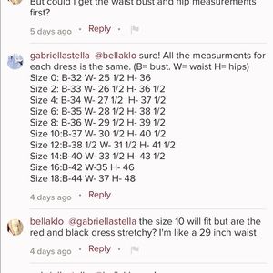 MEASURMENTS FOR ALL OF MY DRESSES