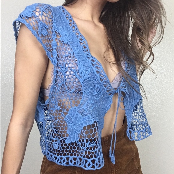 Free People Boho Floral Crochet Tie Cropped Vest - Picture 2 of 6