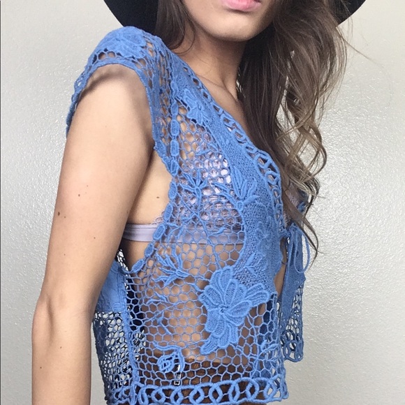 Free People Boho Floral Crochet Tie Cropped Vest - Picture 3 of 6