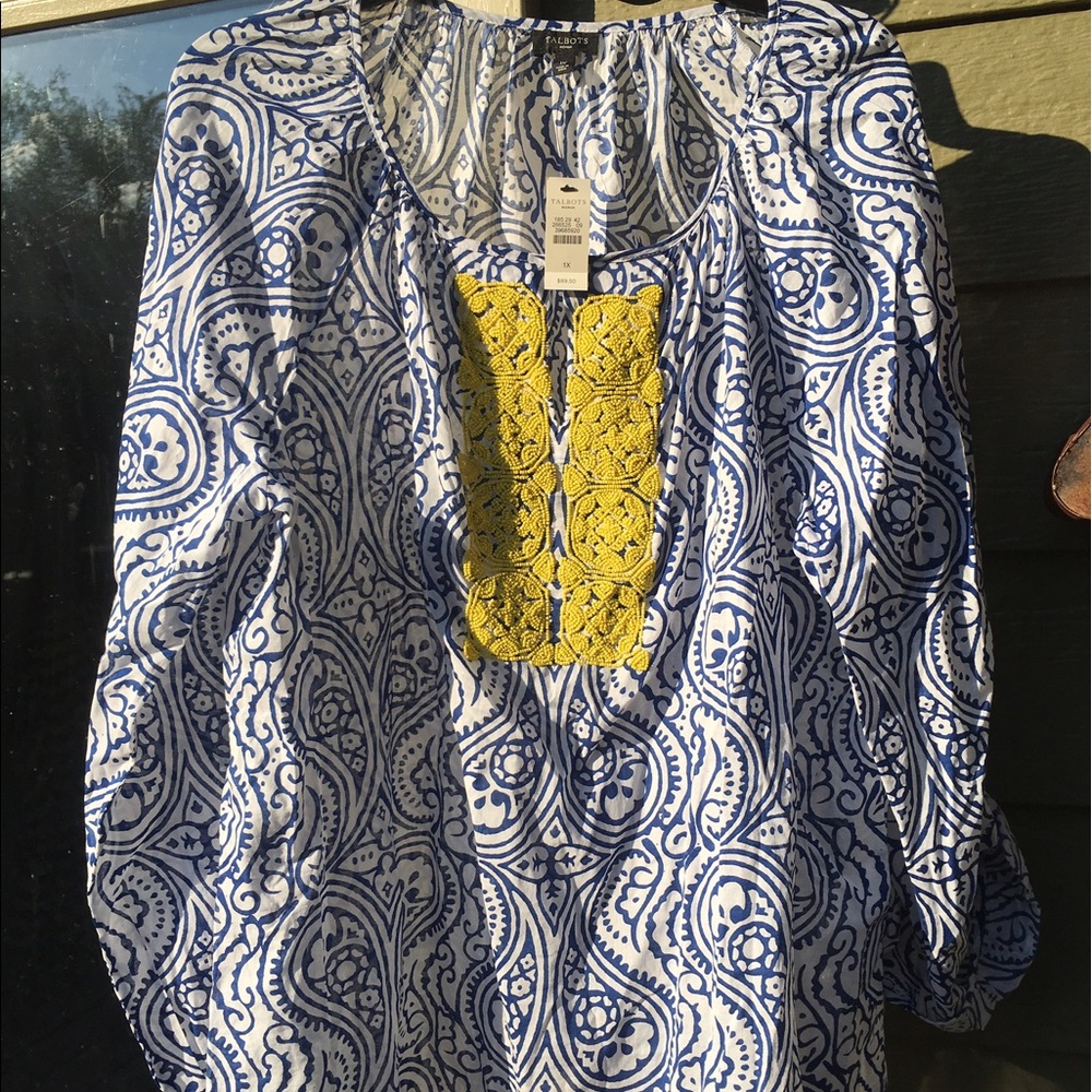 NWT Talbots 1x blue & white tunic with yellow