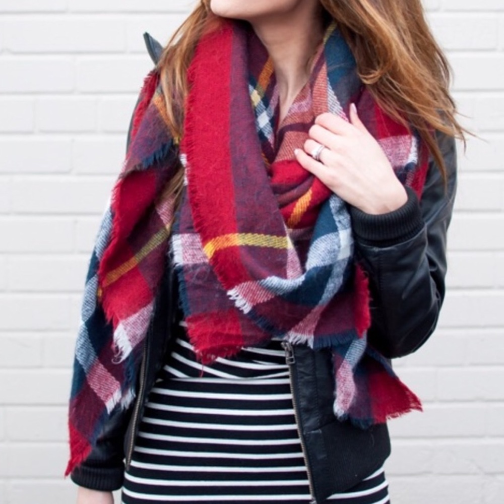 New Burgundy Tartan Plaid Oversized Blanket Scarf