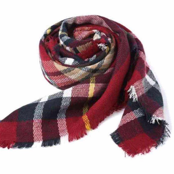 New Burgundy Tartan Plaid Oversized Blanket Scarf - Picture 3 of 3