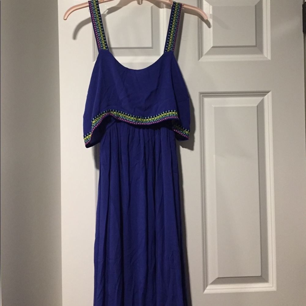 Blue maxi with multi color stitch detail.