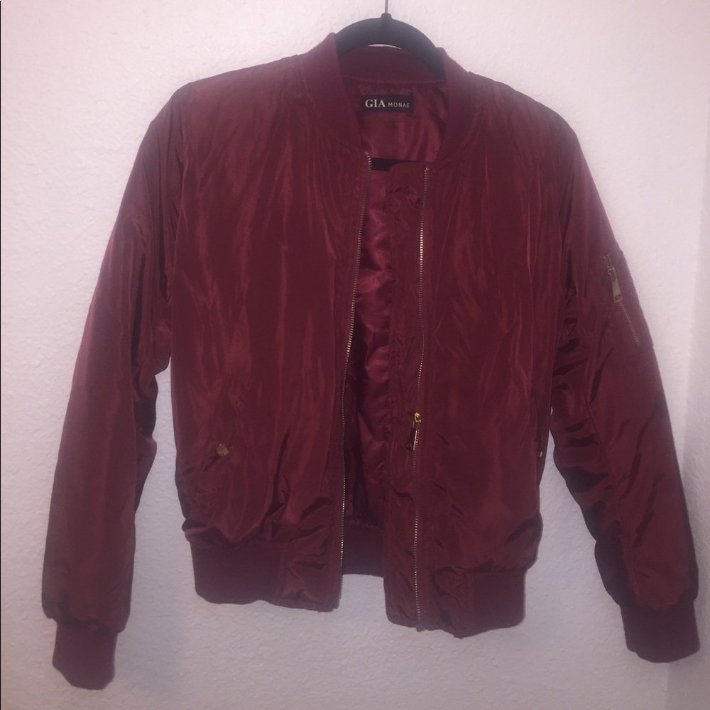 Burgundy bomber jacket.✨