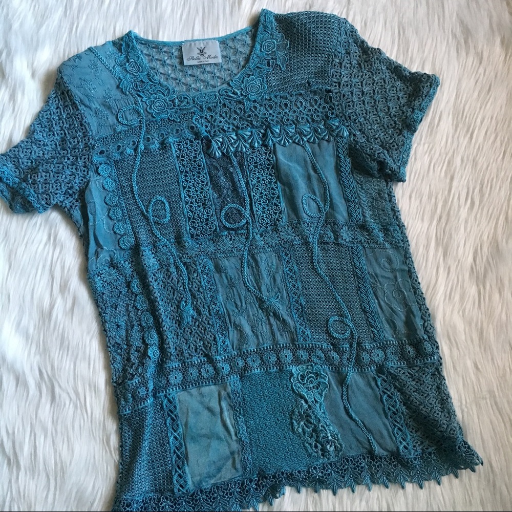 ✨Stella Moda Blue Lace Crochet Blouse