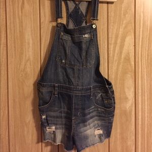 Ripped Denim Overall Shorts