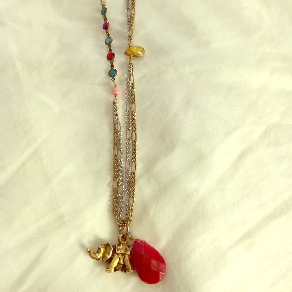 Elephant and gemstone long layered necklace