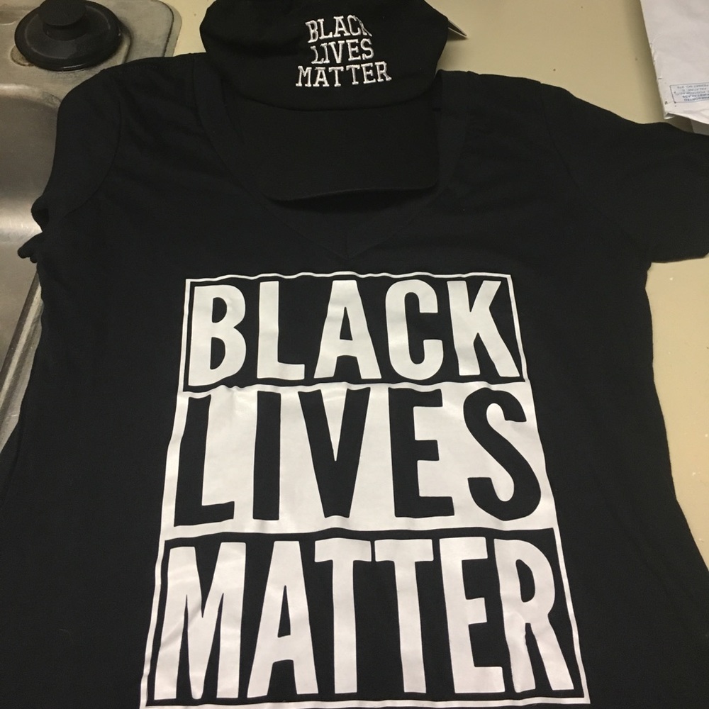Black Lives Matter v-neck shirt and matching hat