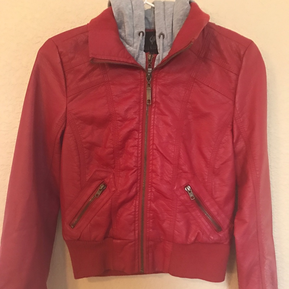 Red leather jacket.