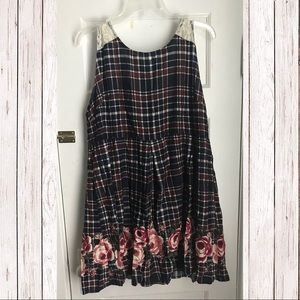Dark Red Blue & Cream Gingham/Plaid Floral Dress