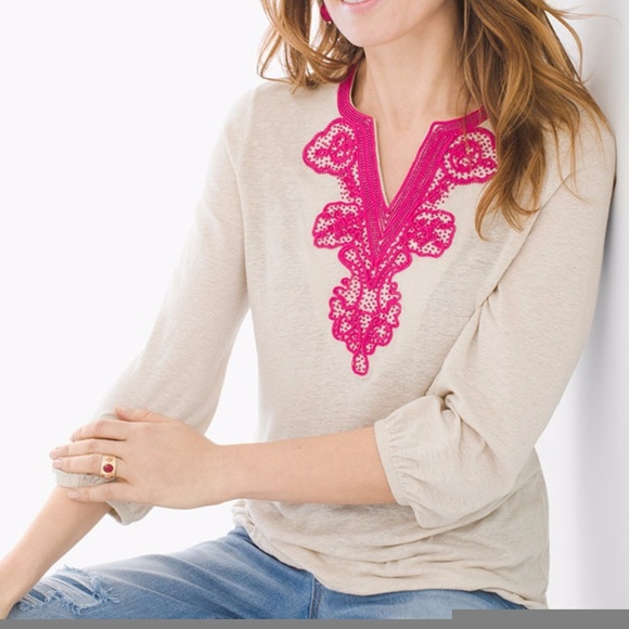 BNWT Chico's Embellished Split-Neck Top - Picture 3 of 4