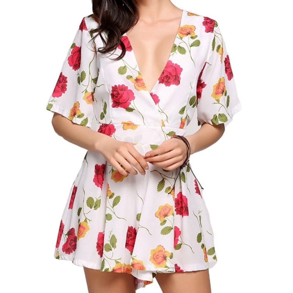 Deep Cut White Floral Romper. Never Worn!