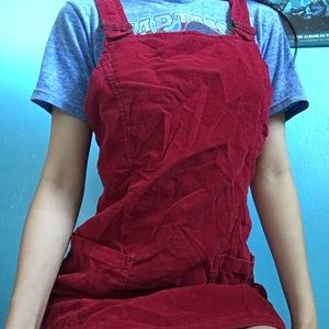 dark red pinafore overall dress