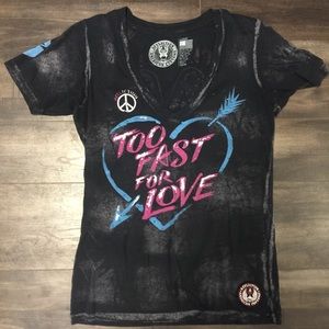 Black, pink and blue Affliction shirt