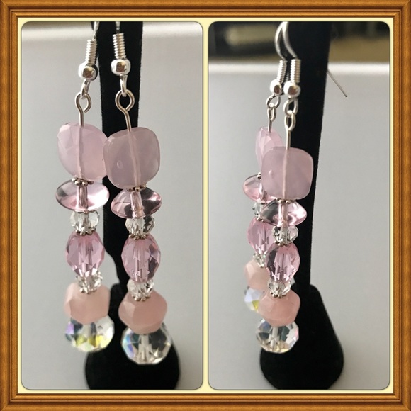 Gorgeous Pink Glass Bead Earrings 2.5" Handmade - Picture 2 of 2