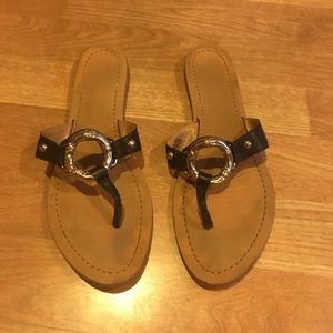 Black leather gold hardware sandals by Nine West