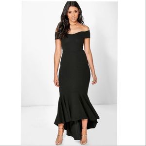 NWT: Black Open Shoulder Fishtail Maxi Dress