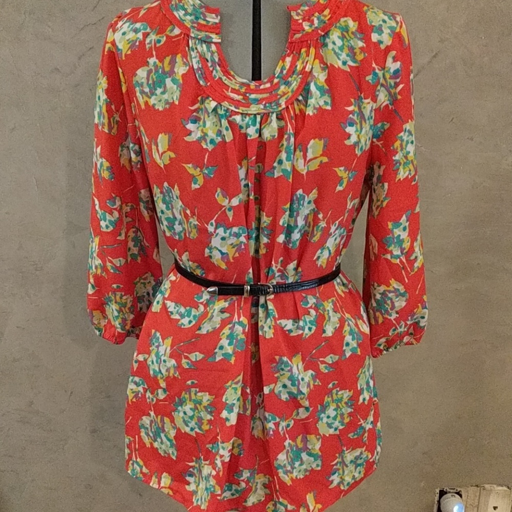 Liz Claiborne Bright Red Floral Tunic Blouse