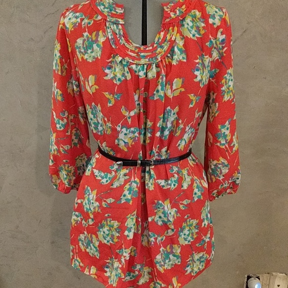 Liz Claiborne Bright Red Floral Tunic Blouse - Picture 1 of 4