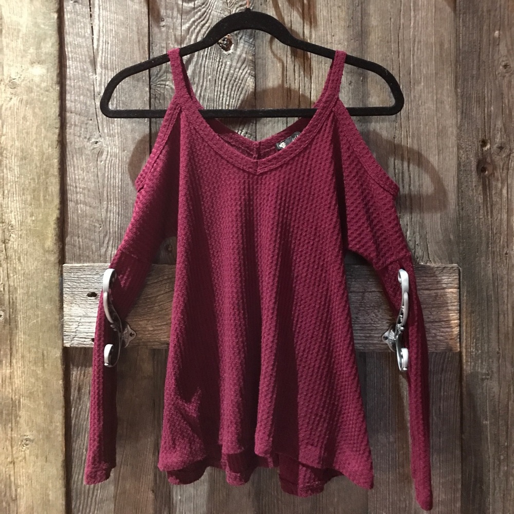 Long sleeve off the shoulder burgundy shirt