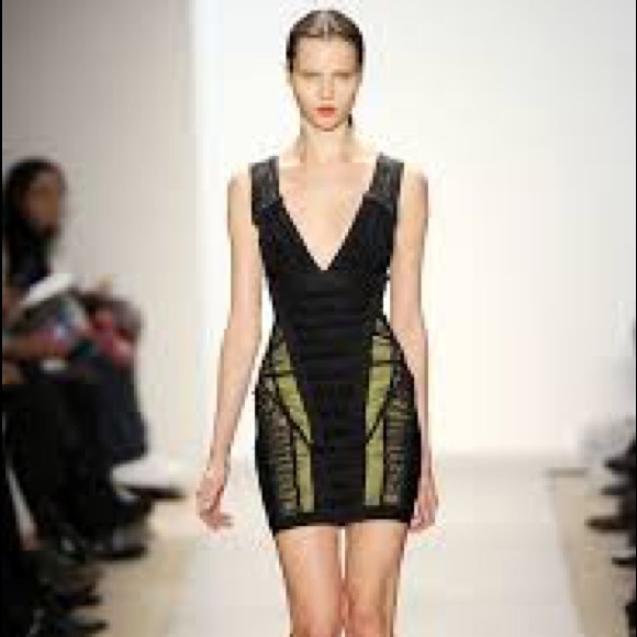 Herve Leger: Black/Lime Green Cocktail Dress - Picture 4 of 4
