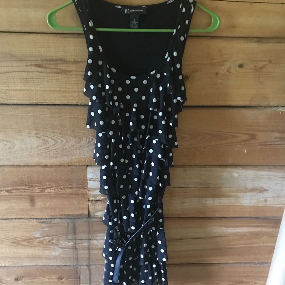 Petite small belted INC polka dot ruffle dress