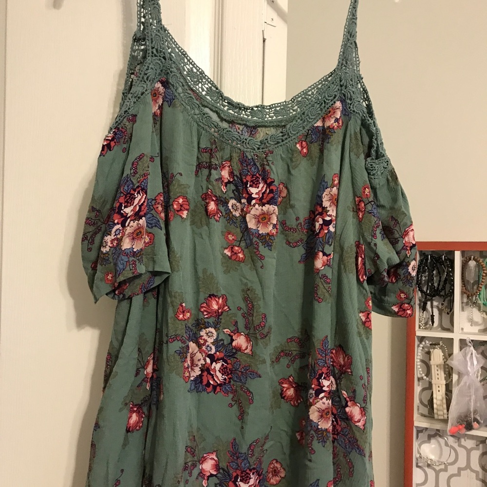 Dark mint green with purple flowers shirt
