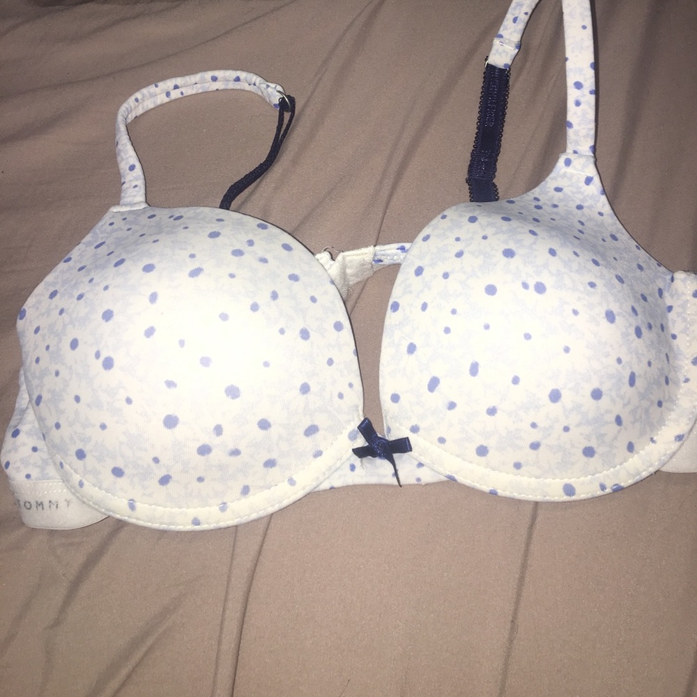 Blue and white bra